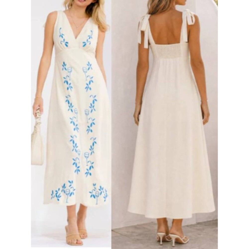 Milk & Honey Floral Embroidered Smock Cotton Maxi Dress Vneck Party Ivory Large